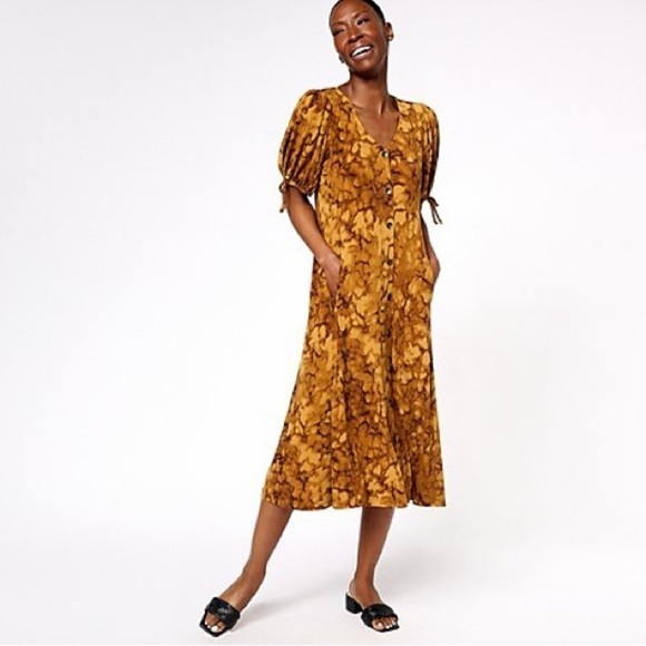 Susan Graver Dresses & Skirts - Susan Graver Golden Brown Abstract Printed Liquid Knit Elbow Sleeve Dress Sz 4X